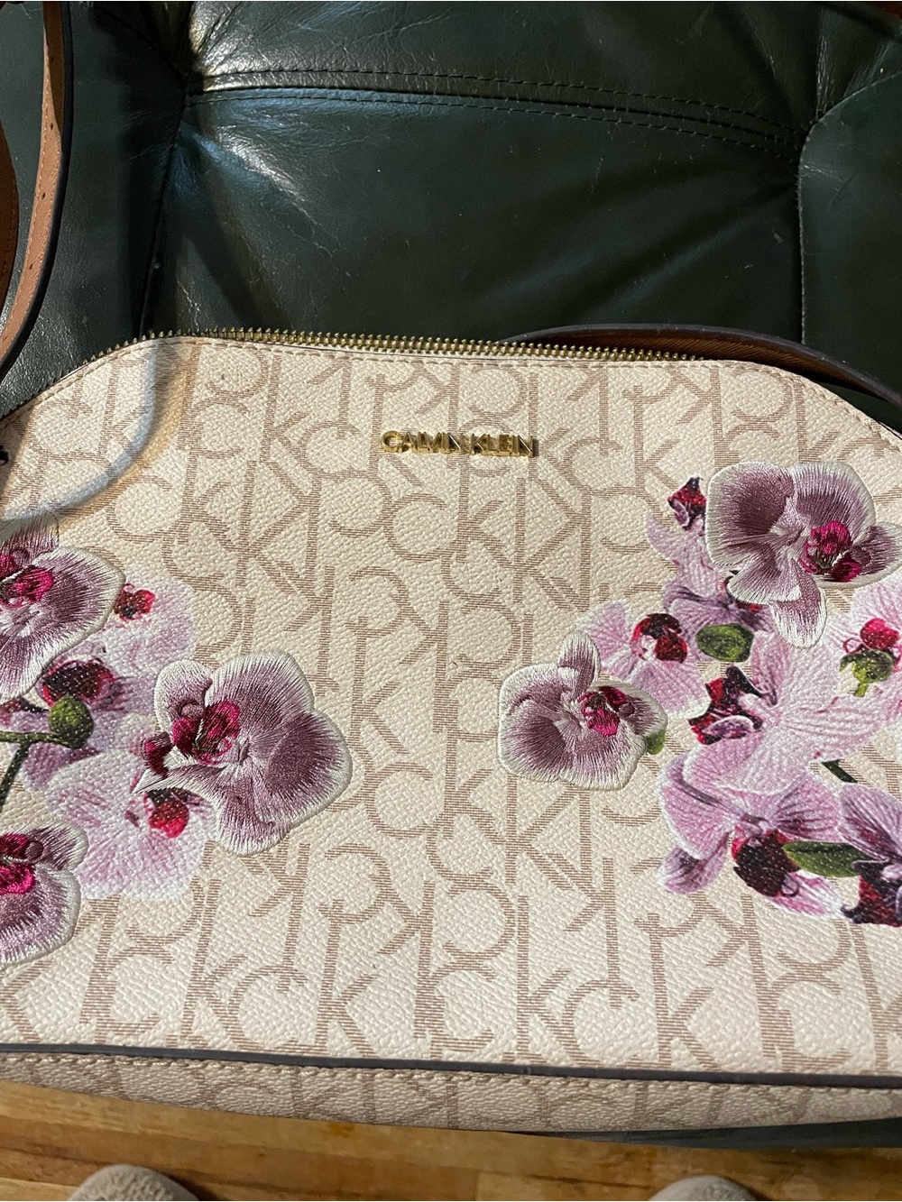 Calvin Klein Beige Signature Crossbody with Pink Floral Embroidery